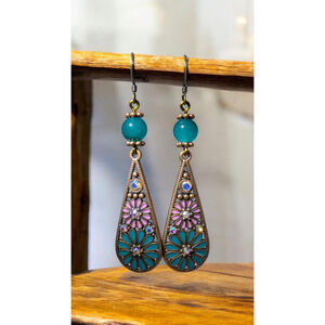 Boho Pink and Teal Teardrop Dangle Earrings – Antiqued Bronze